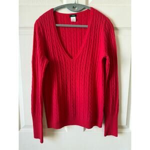 J.Crew Poppy Red Cable Knit Wool Cashmere Blend Deep V Sweater Womens M Preppy